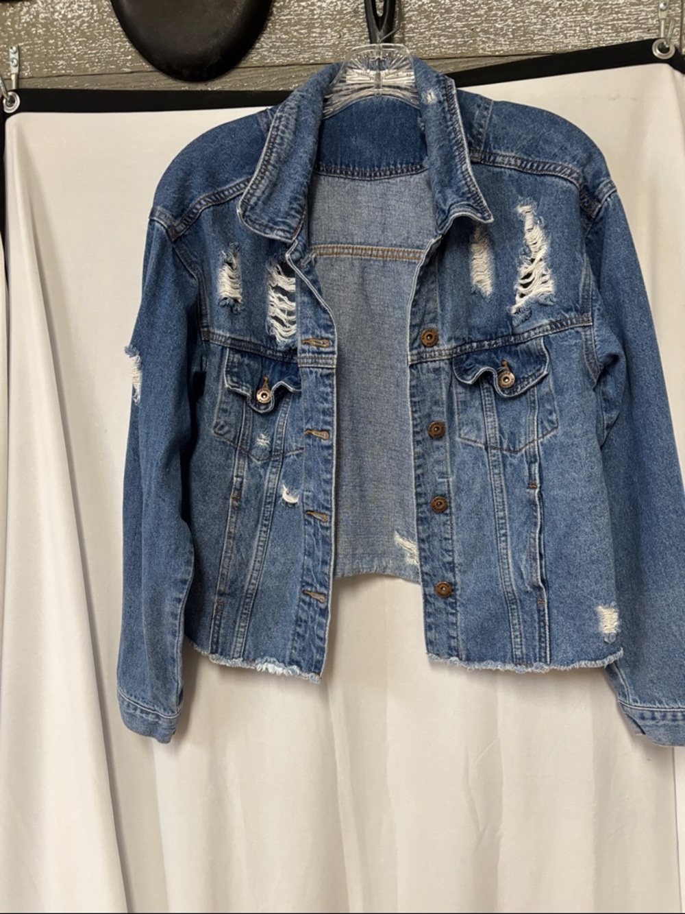 Distressed Blue Denim Jacket - Women's Cropped Jean Jacket